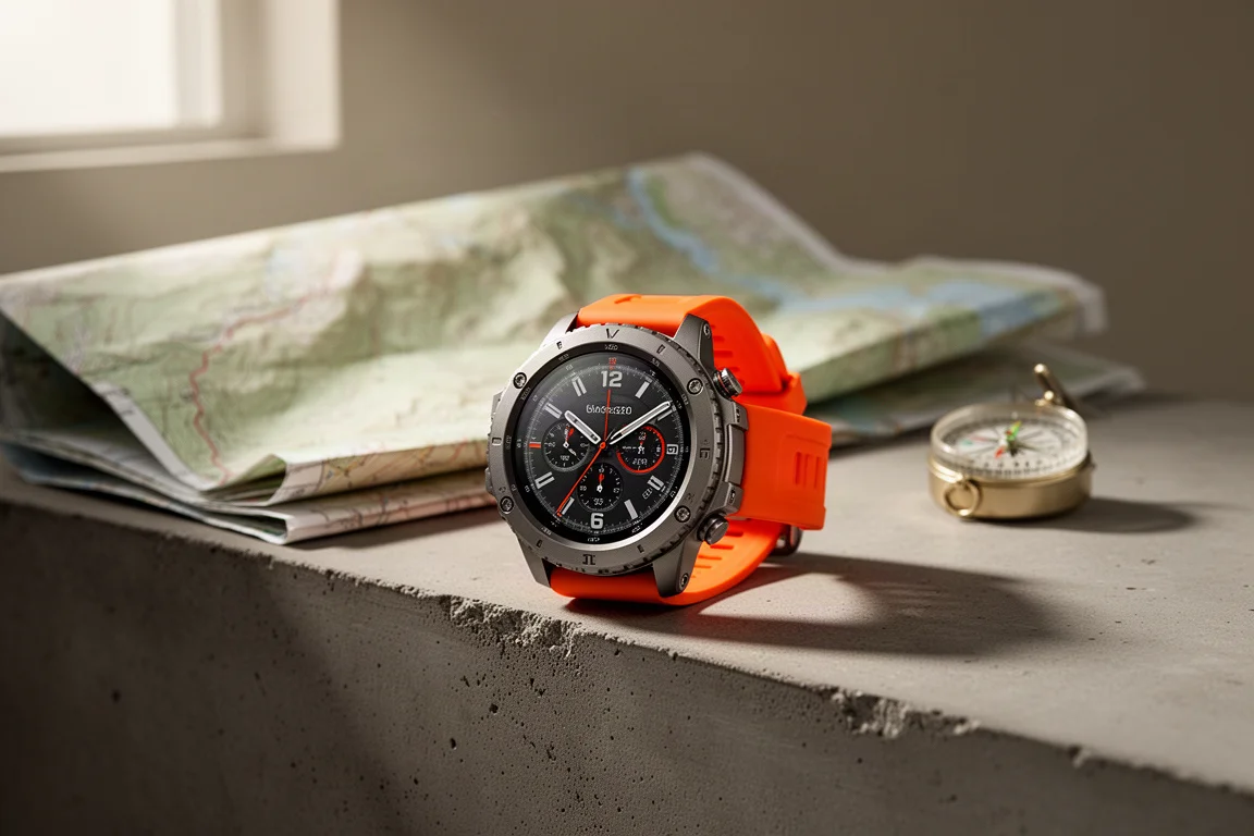 Robuste Smartwatch mit orangefarbenem Armband auf einer Betonkante neben einer aufgefalteten topografischen Karte