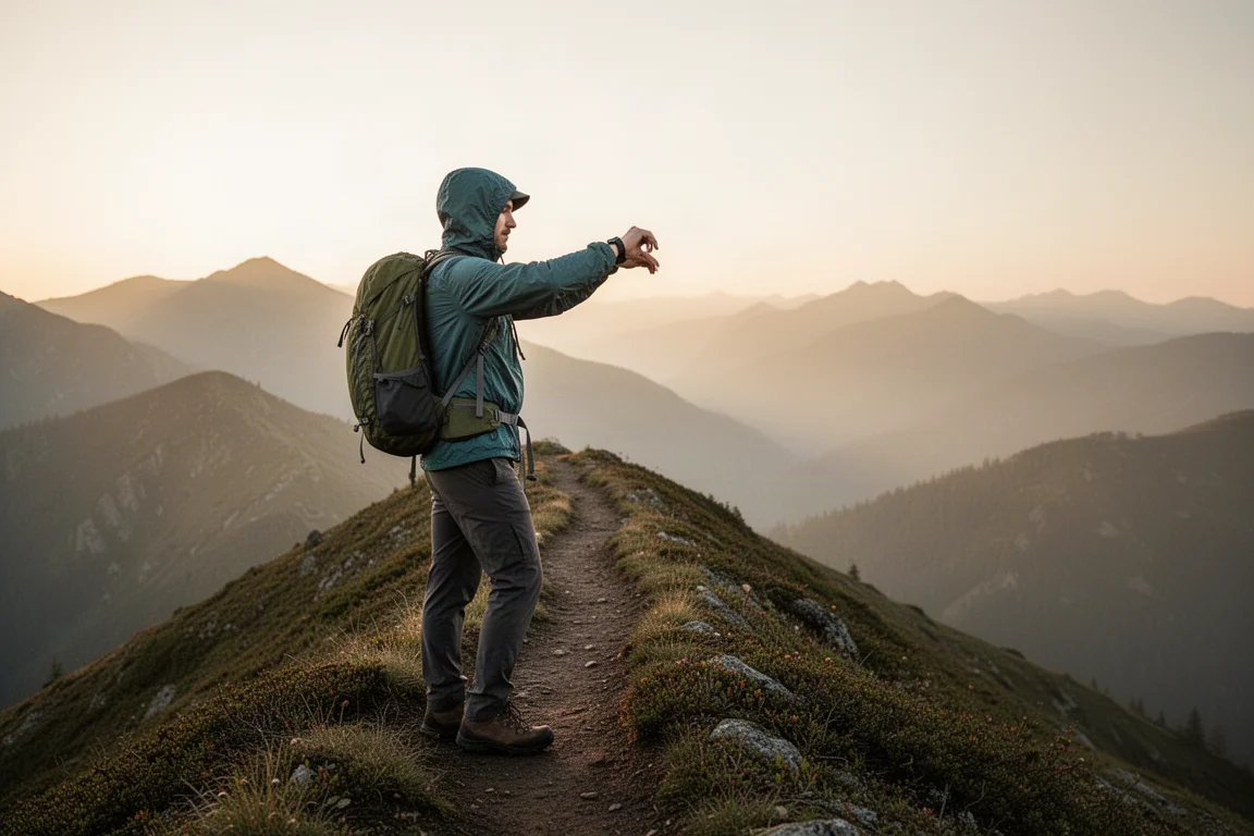 Smartwatch rugged al polso che mostra le statistiche di attività quotidiana su uno schermo tondo