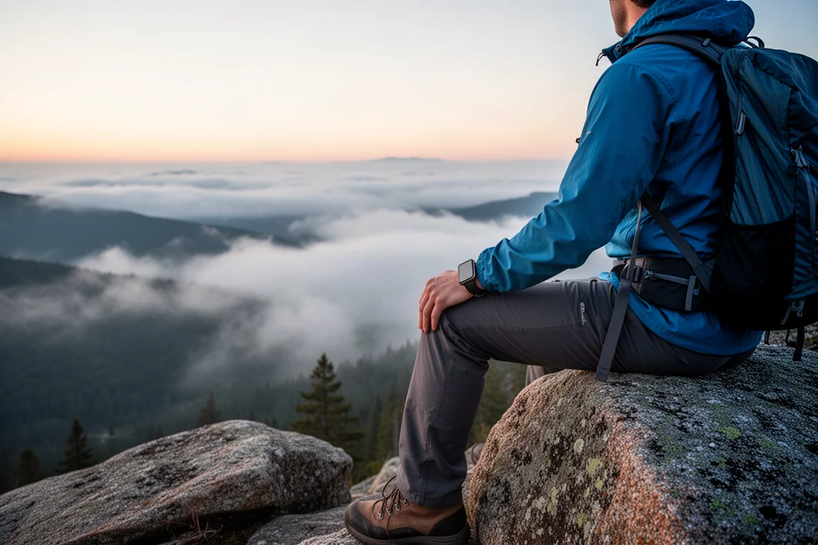 Escursionista con uno smartwatch rugged di grandi dimensioni che cammina tra profondi canyon di montagna