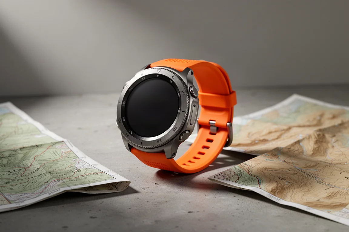 Rugged titanium-grey smartwatch with an orange band on a concrete surface next to a map