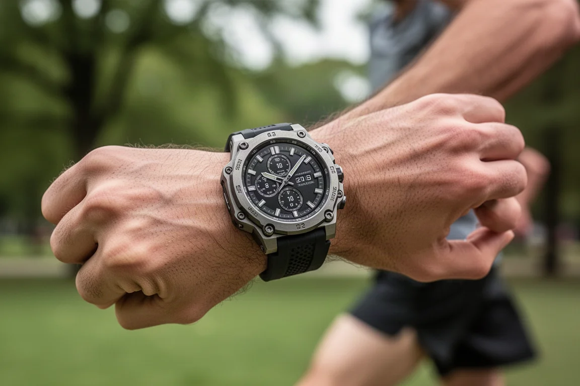 Gros plan d'une montre connectée robuste en titane au poignet d'un coureur en plein jour