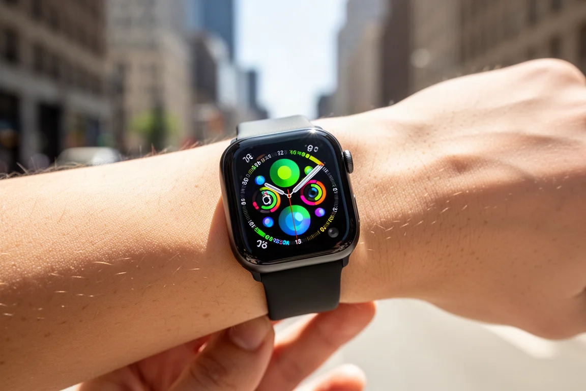 Écran d'une montre connectée très lumineux dans une rue ensoleillée