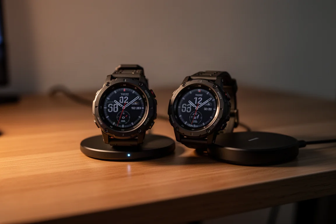 Deux montres connectées posées sur un socle de charge en lumière du soir
