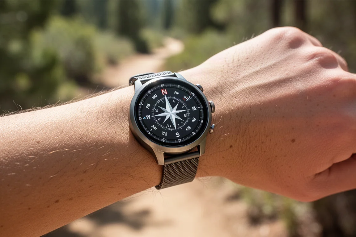 Smartwatch med kompassurtavla på ett handled utomhus