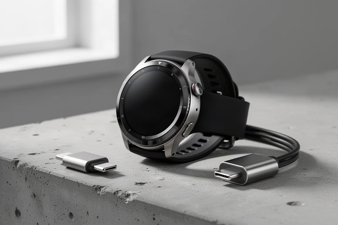 Smartwatch in titanio con cinturino nero su una superficie in cemento accanto a un cavo di ricarica