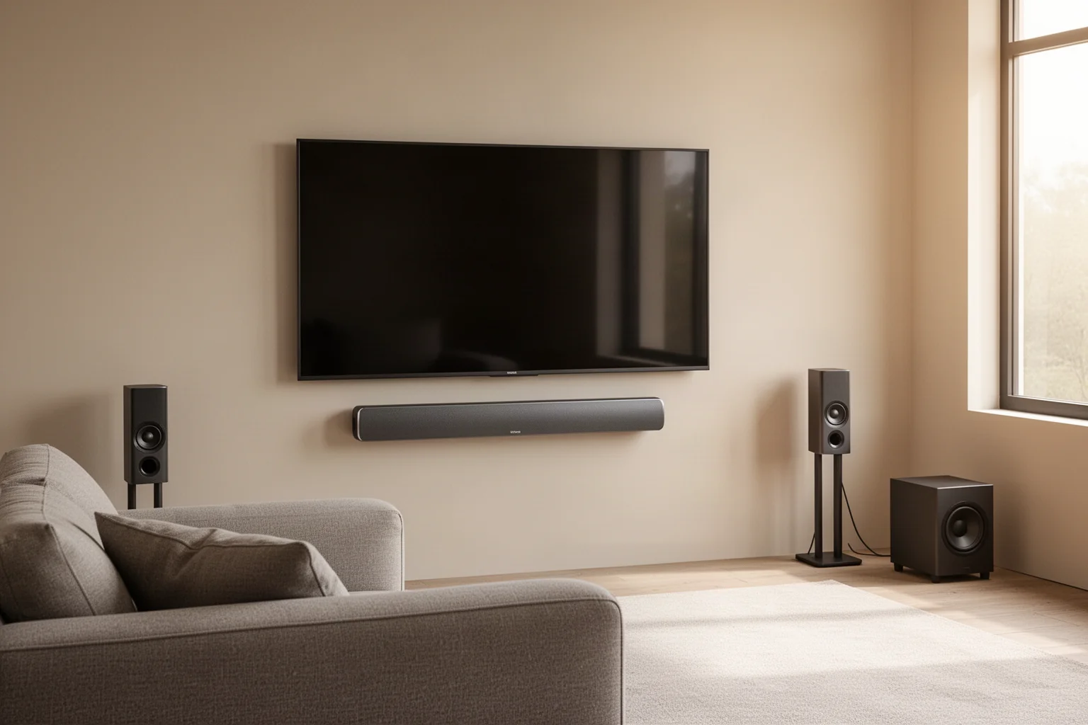 Barra de sonido Samsung con satélites y subwoofer colocados en un salón moderno