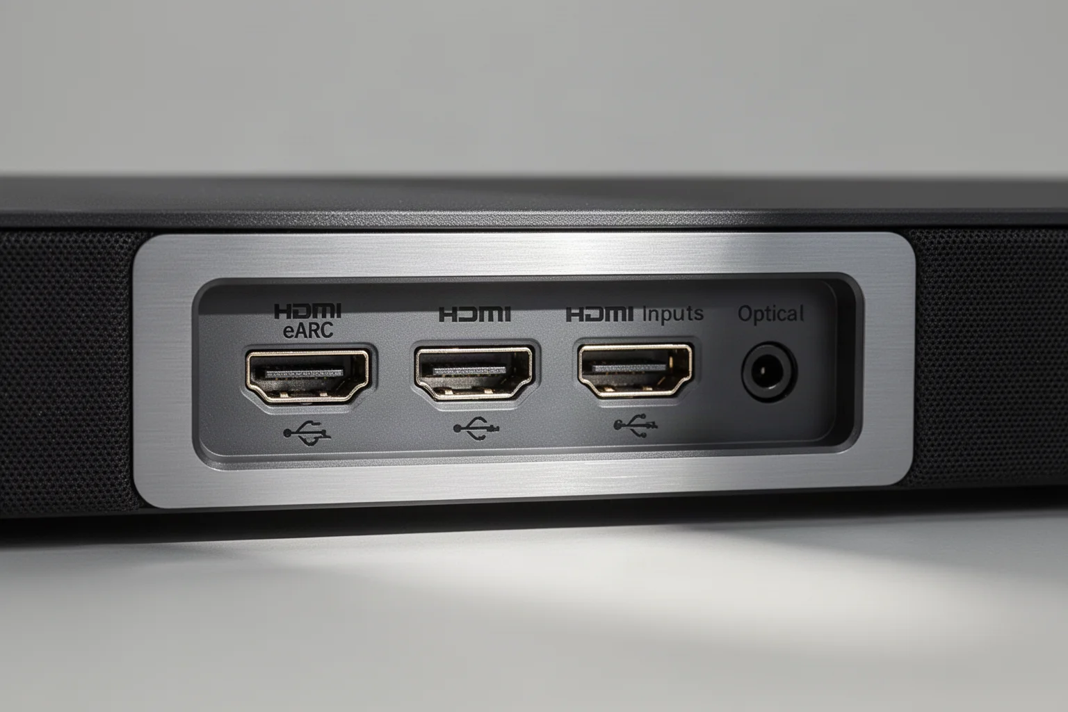 Panel trasero de la barra de sonido que muestra los puertos HDMI eARC y óptico