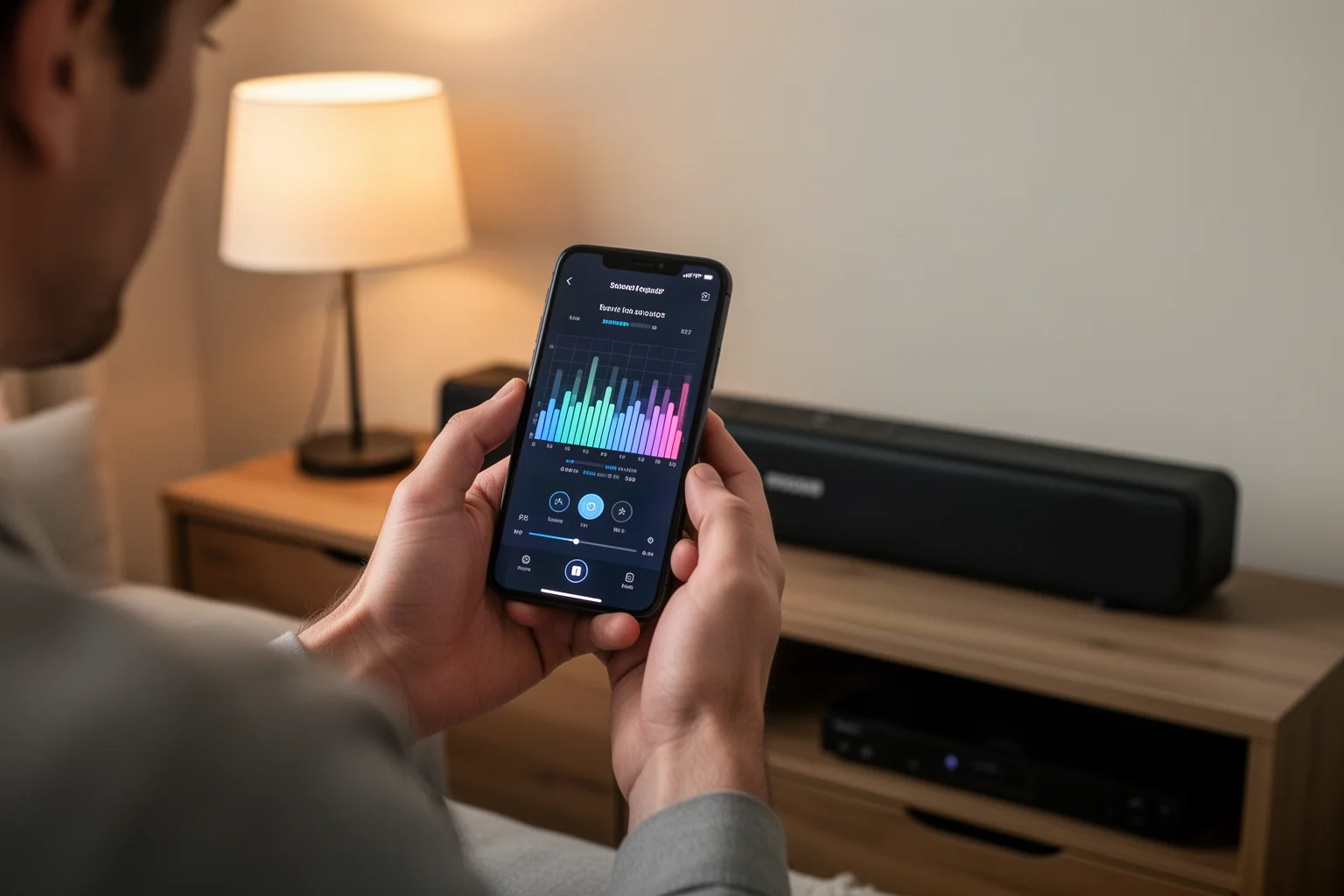 Persona ajustando la configuración de la barra de sonido en una aplicación de teléfono inteligente en un salón oscuro