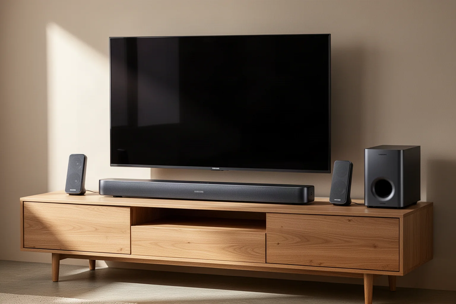 Samsung HW-Q990H Soundbar mit Satelliten und Subwoofer in einem modernen Wohnzimmer-Setup