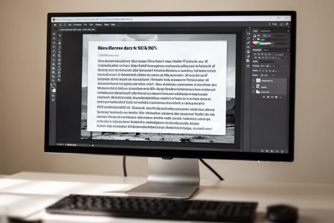Close-up of a monitor displaying sharp text and a photo editing interface