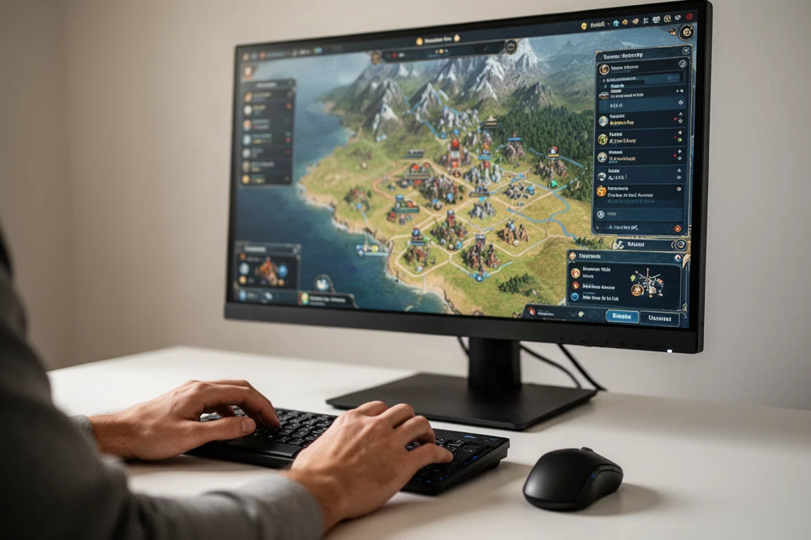 Gamer playing a strategy game on a large monitor with a detailed map visible