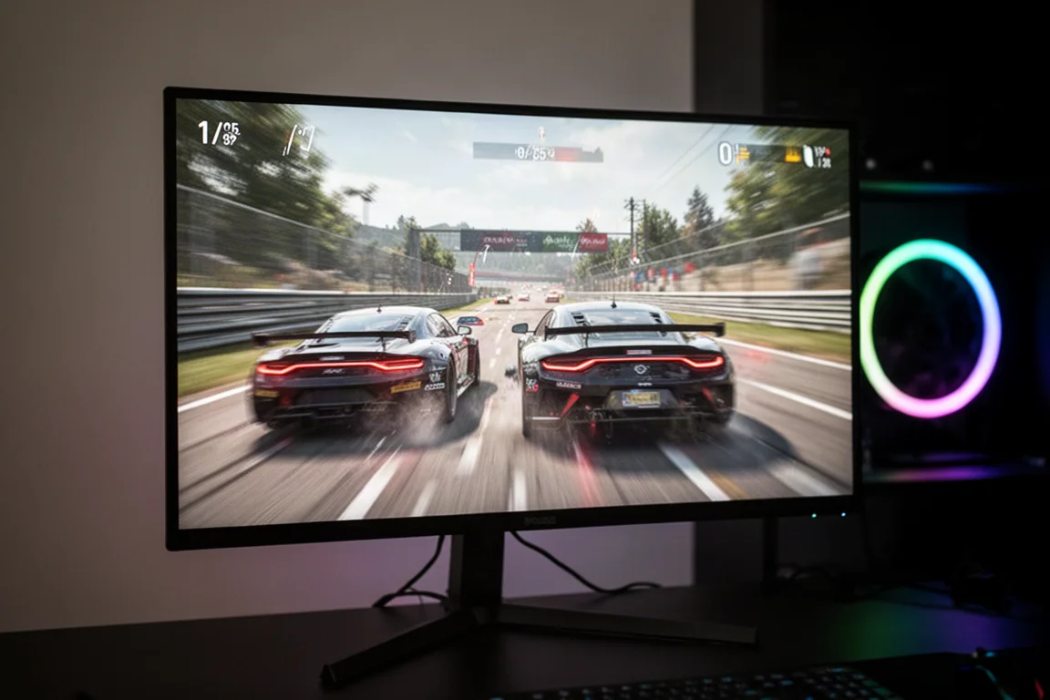 Monitor showing a racing game with motion blur and a high refresh rate
