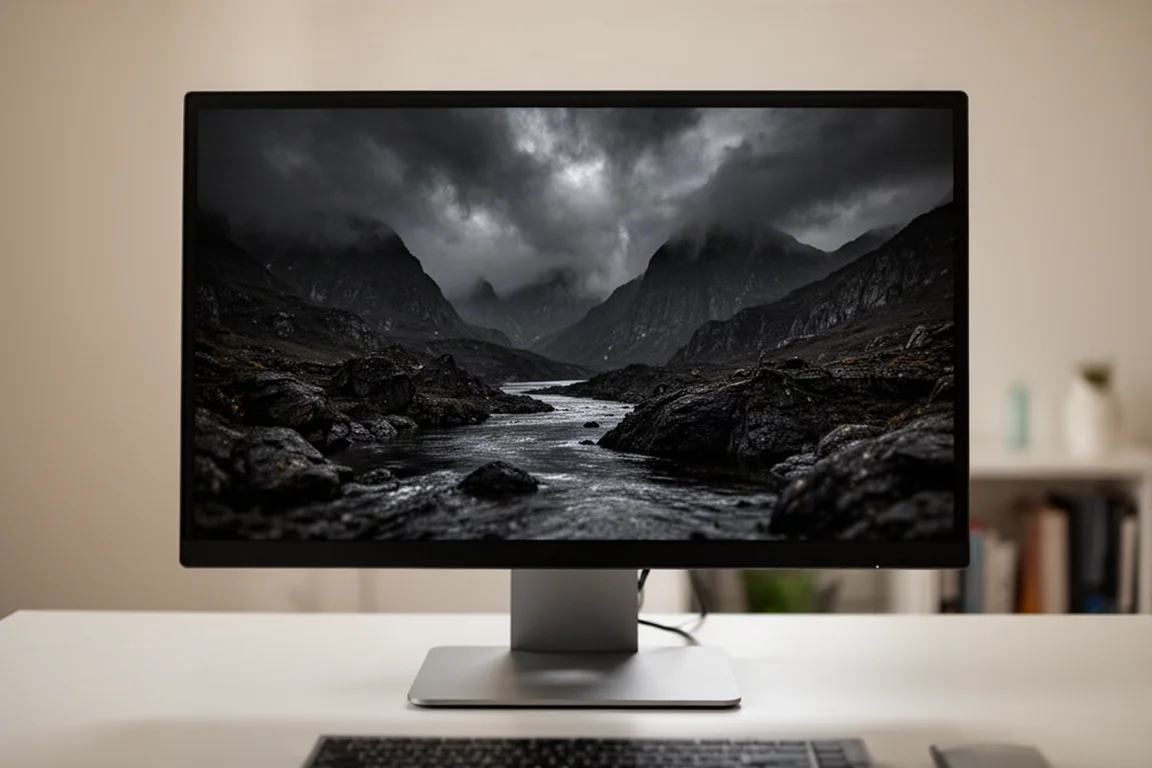 Monitor displaying a dark HDR scene with raised black levels and low brightness