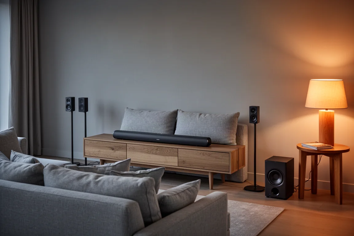 Sala de estar integrada ao anoitecer com alto-falantes surround sem fio atrás de um sofá e um subwoofer ao lado de uma mesa lateral