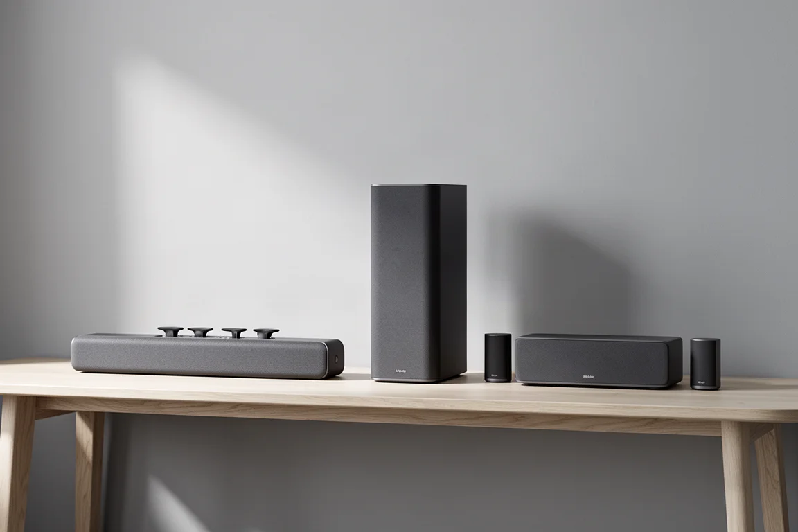 Três formatos diferentes de soundbar espaçados sobre um banco de carvalho claro contra uma parede cinza suave
