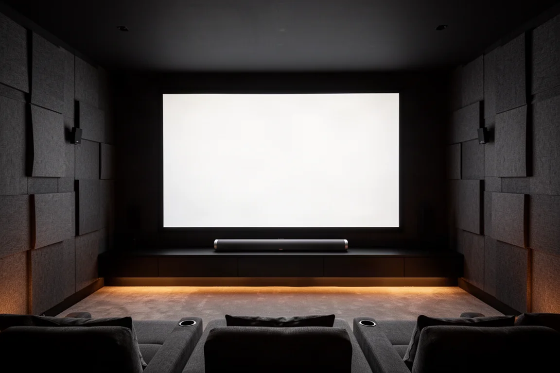 Sala de home theater escura com uma tela brilhante, uma soundbar longa abaixo dela e assentos vazios em primeiro plano