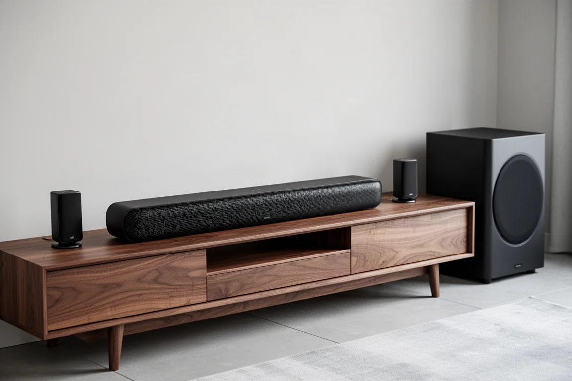 Matte black soundbar with wireless surround speakers and a subwoofer on a walnut media console