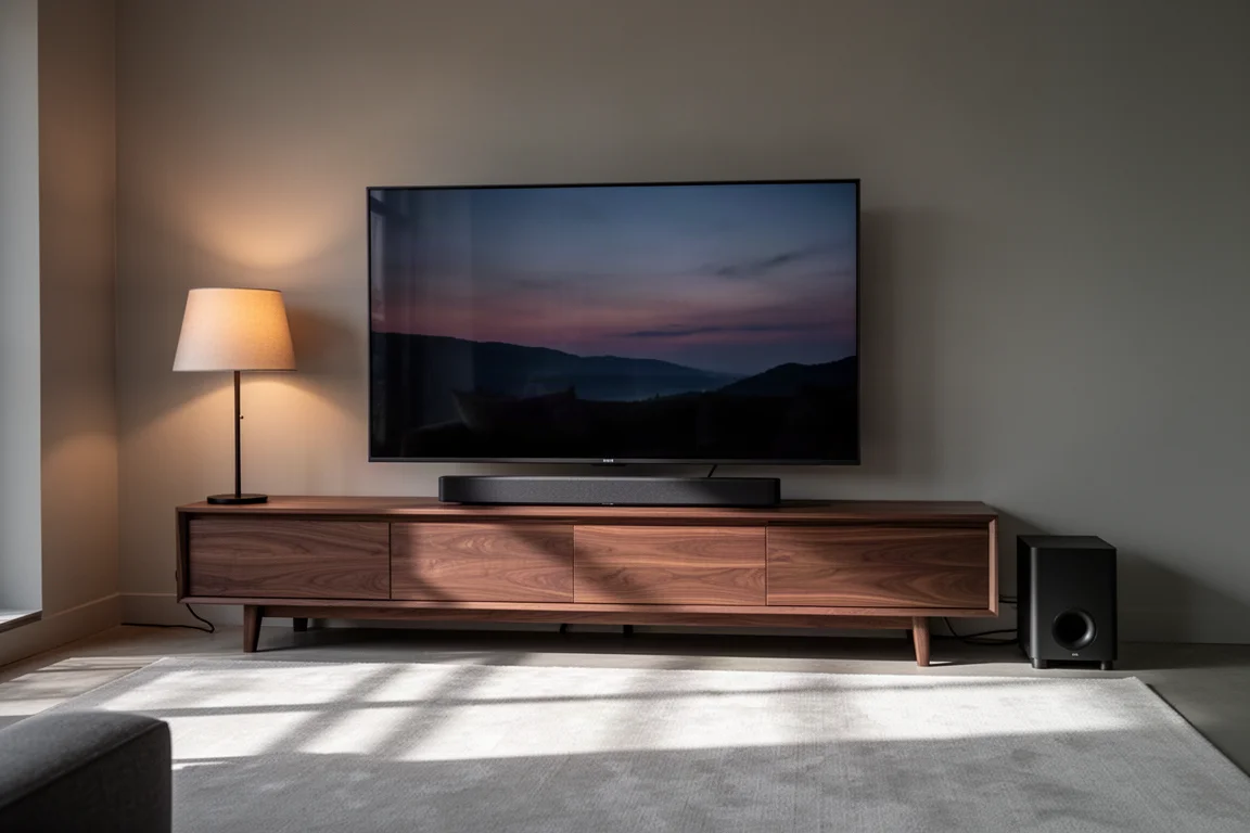 Salón al atardecer con una barra de sonido bajo un televisor y un subwoofer junto al mueble
