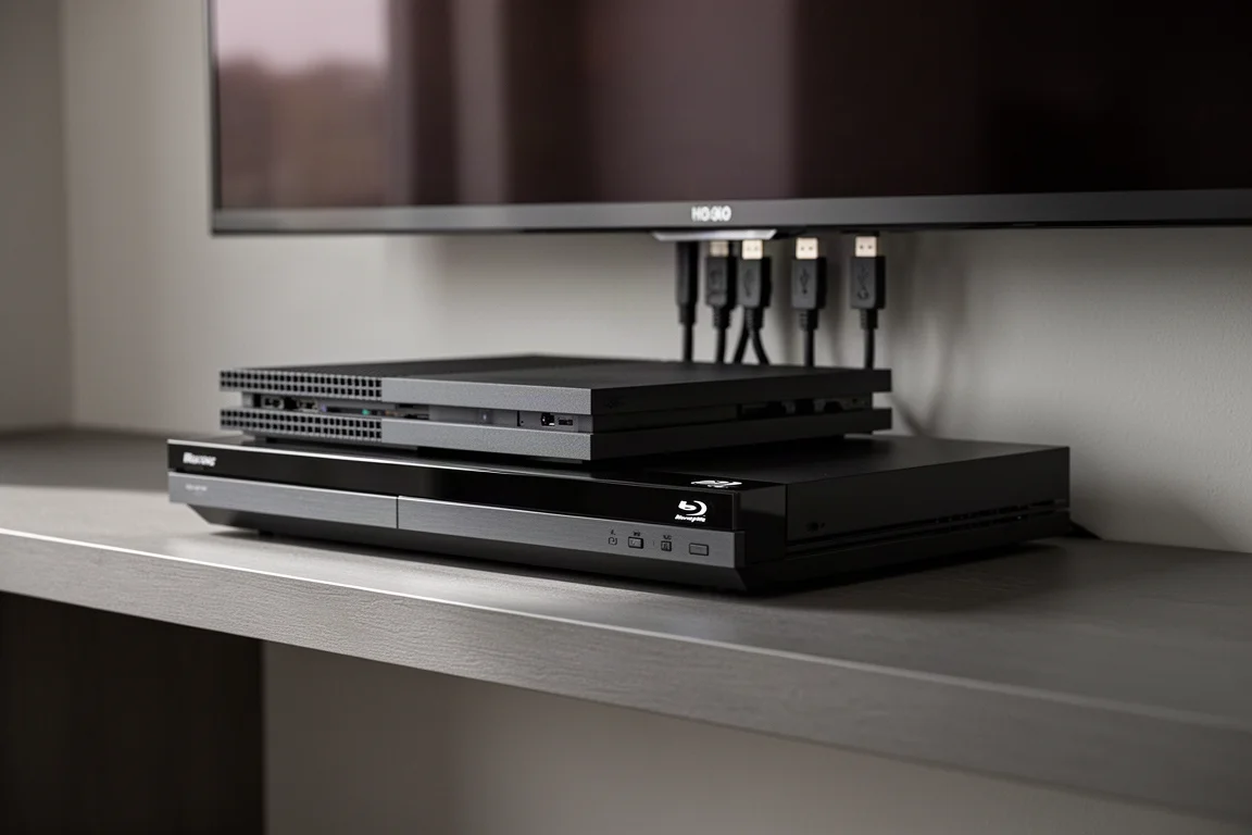 Consola de videojuegos y reproductor Blu-ray en un estante bajo un televisor con cables HDMI ordenados