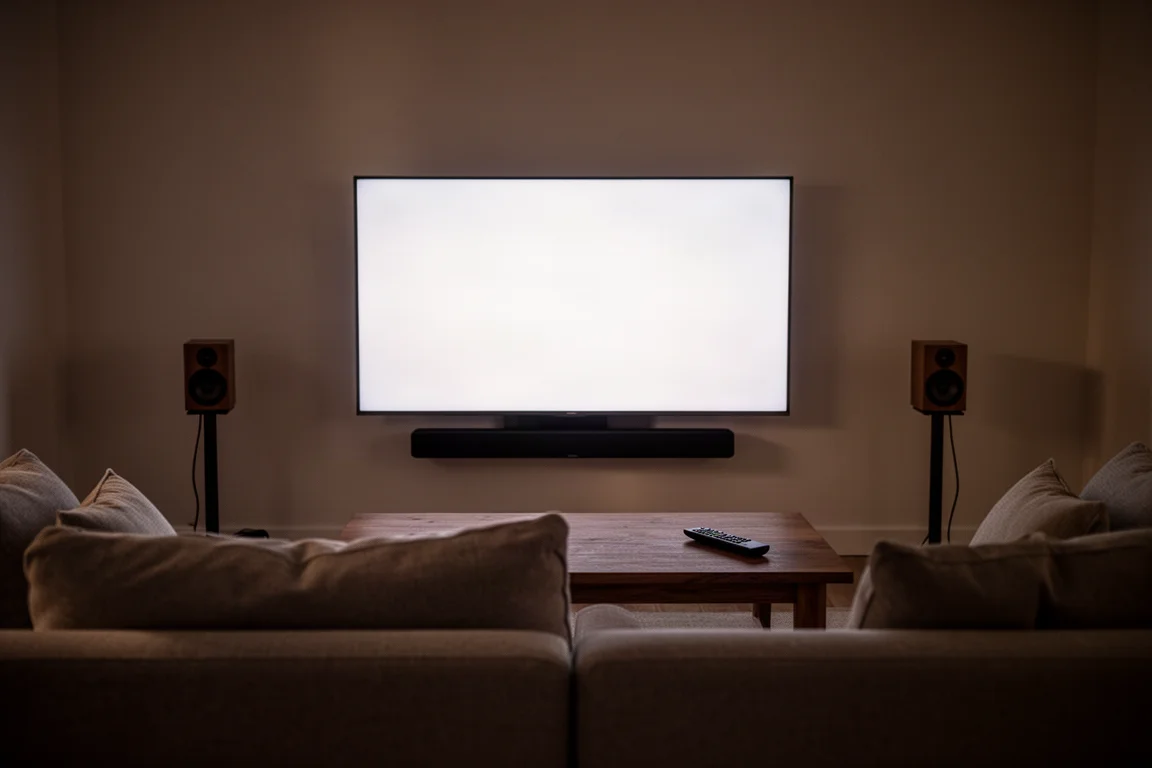 Salón con poca luz con una barra de sonido, altavoces surround sobre soportes y un mando sobre la mesa de centro