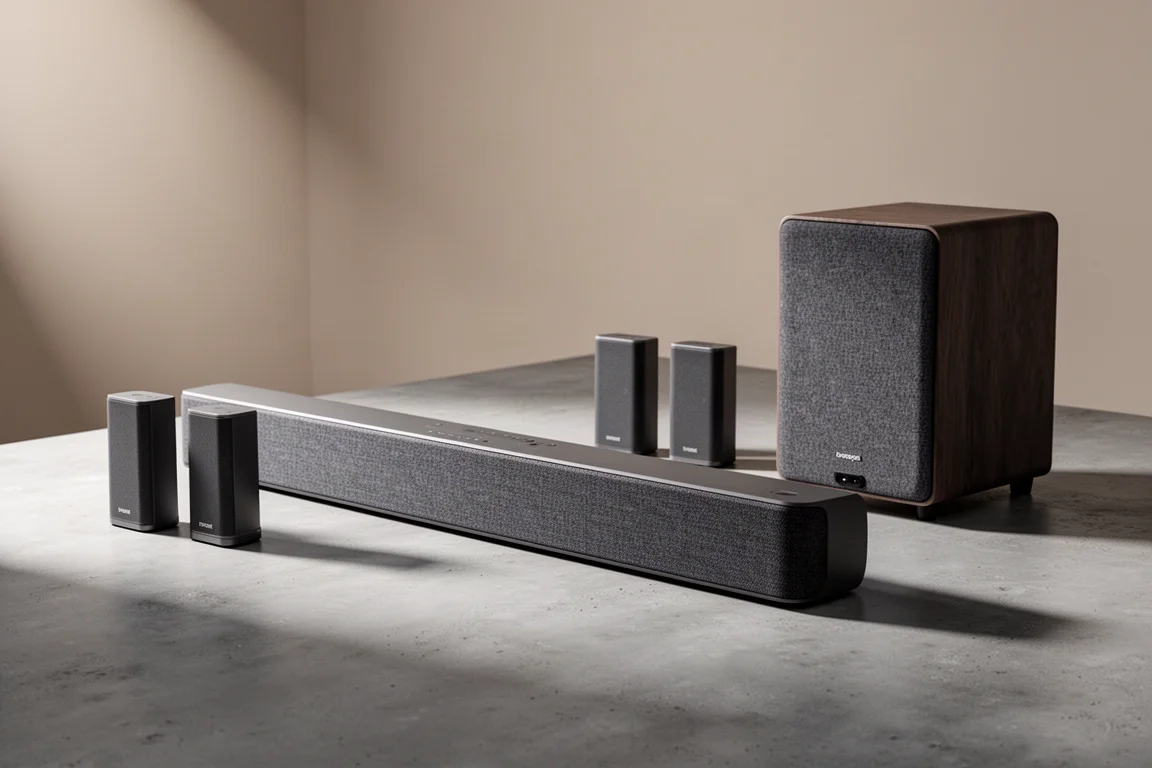 Home theater soundbar system with main bar, two surround speakers, and subwoofer on concrete