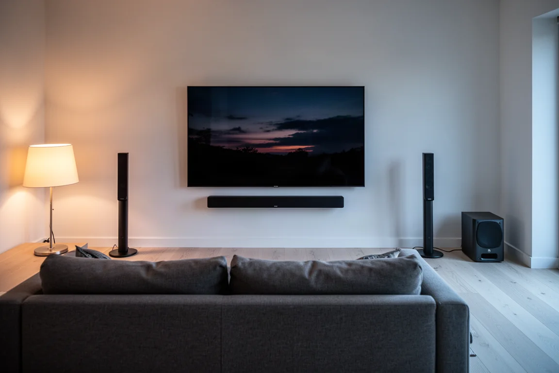 Vardagsrum i skymningen med en soundbar under en väggmonterad TV och surroundhögtalare på stativ