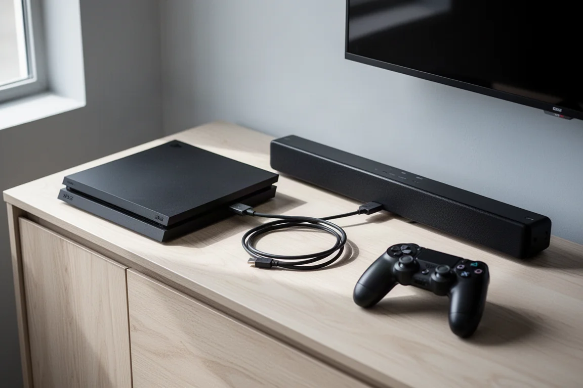 Spelkonsol ansluten med HDMI-kabel till en smal soundbar på en mediebänk