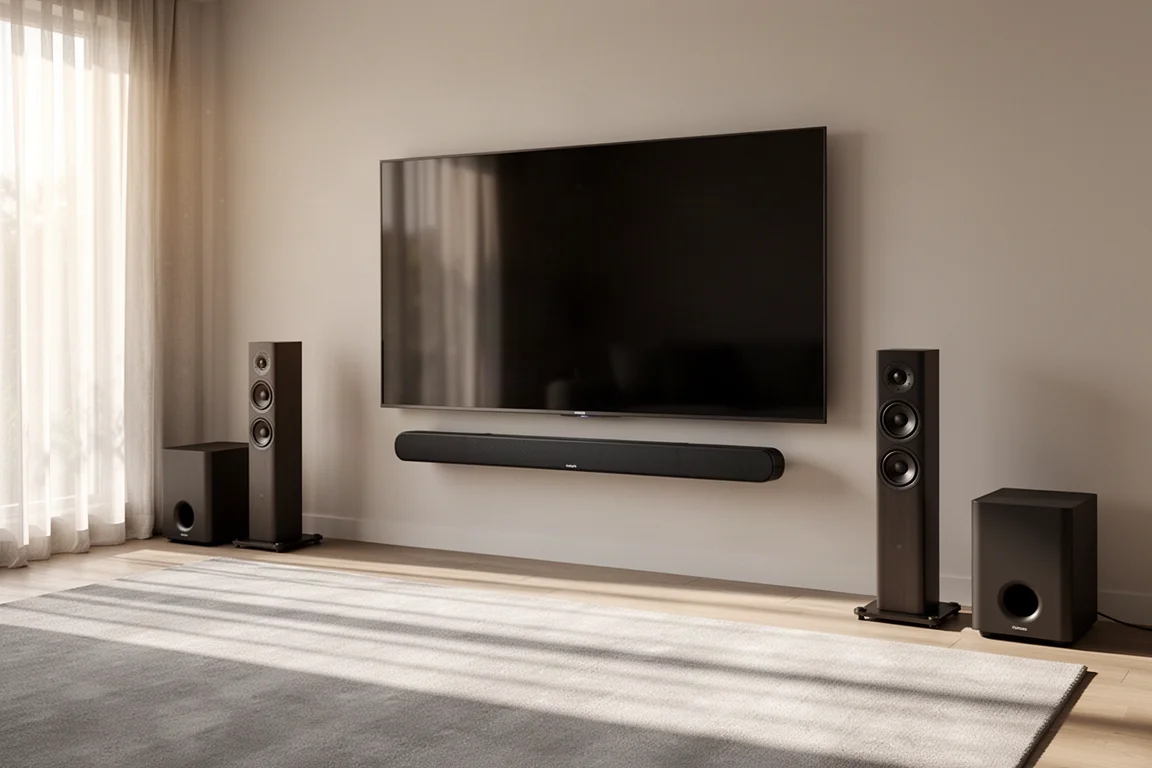 Vardagsrum med soundbar och högtalare placerade till vänster och höger för stereomusiklyssning