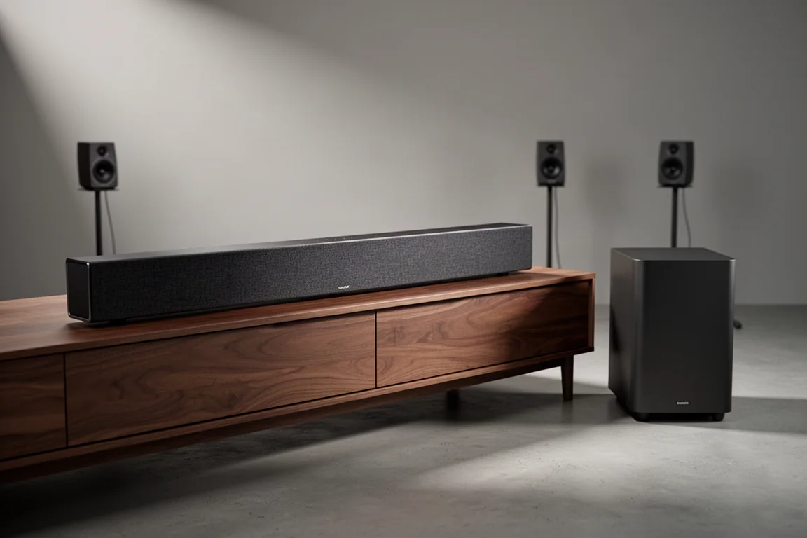 Soundbar on a media console with wireless subwoofer and two surround speakers behind