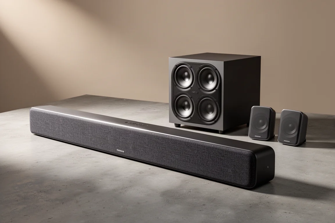 Complete 11.1.4 soundbar system with soundbar, subwoofer and two surround speakers on concrete