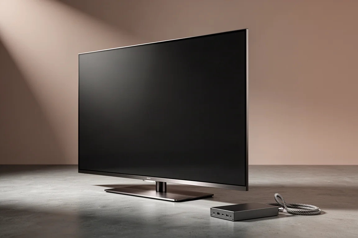 Large flat-screen television with slim bezel on a concrete floor beside a separate connection box