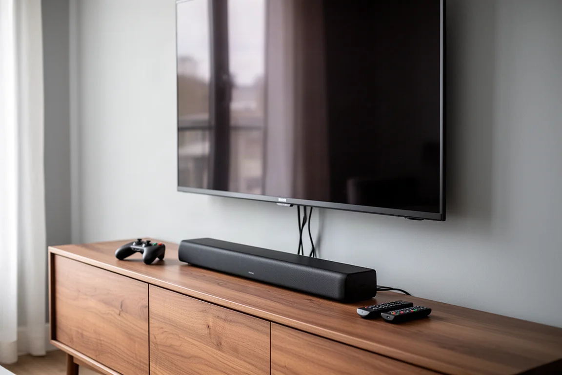 電視櫃上擺著薄型 soundbar、遊戲控制器與遙控器,上方是壁掛電視