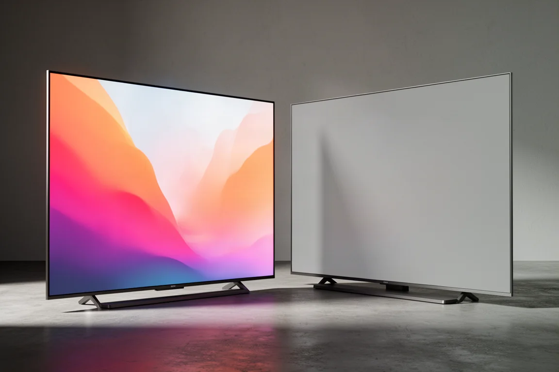 Two 98-inch flat-panel televisions side by side in a minimal studio setting