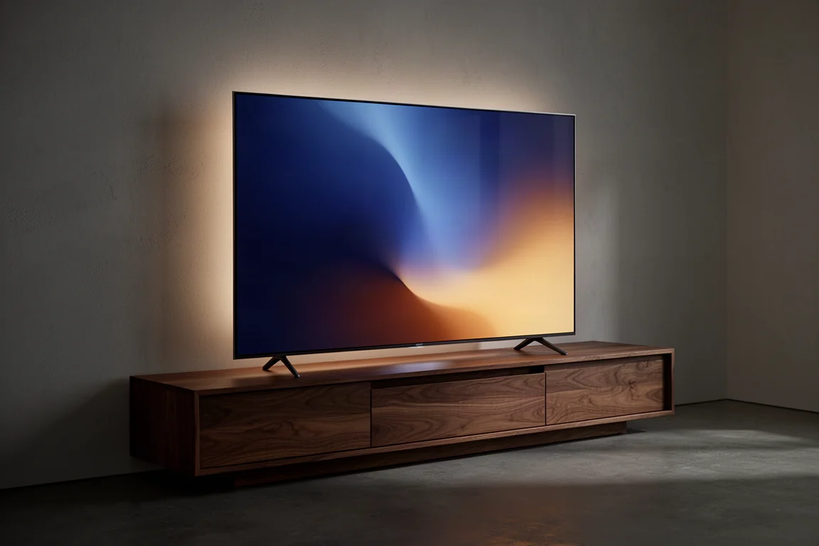 Ultra-thin flat-panel television on a walnut media console in a dim modern living room