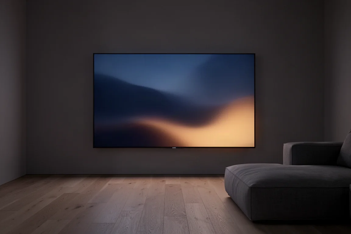 Televisor QD-OLED grande brillando suavemente en un salón moderno y oscuro por la noche
