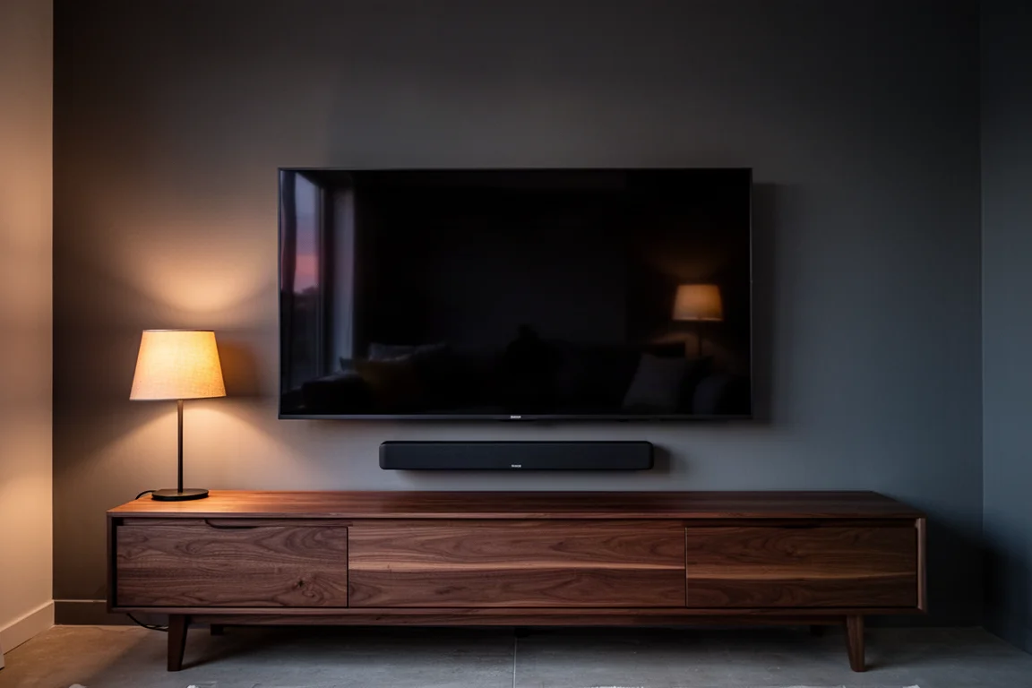 Salón al atardecer con un televisor montado en la pared y una barra de sonido sobre un mueble de madera