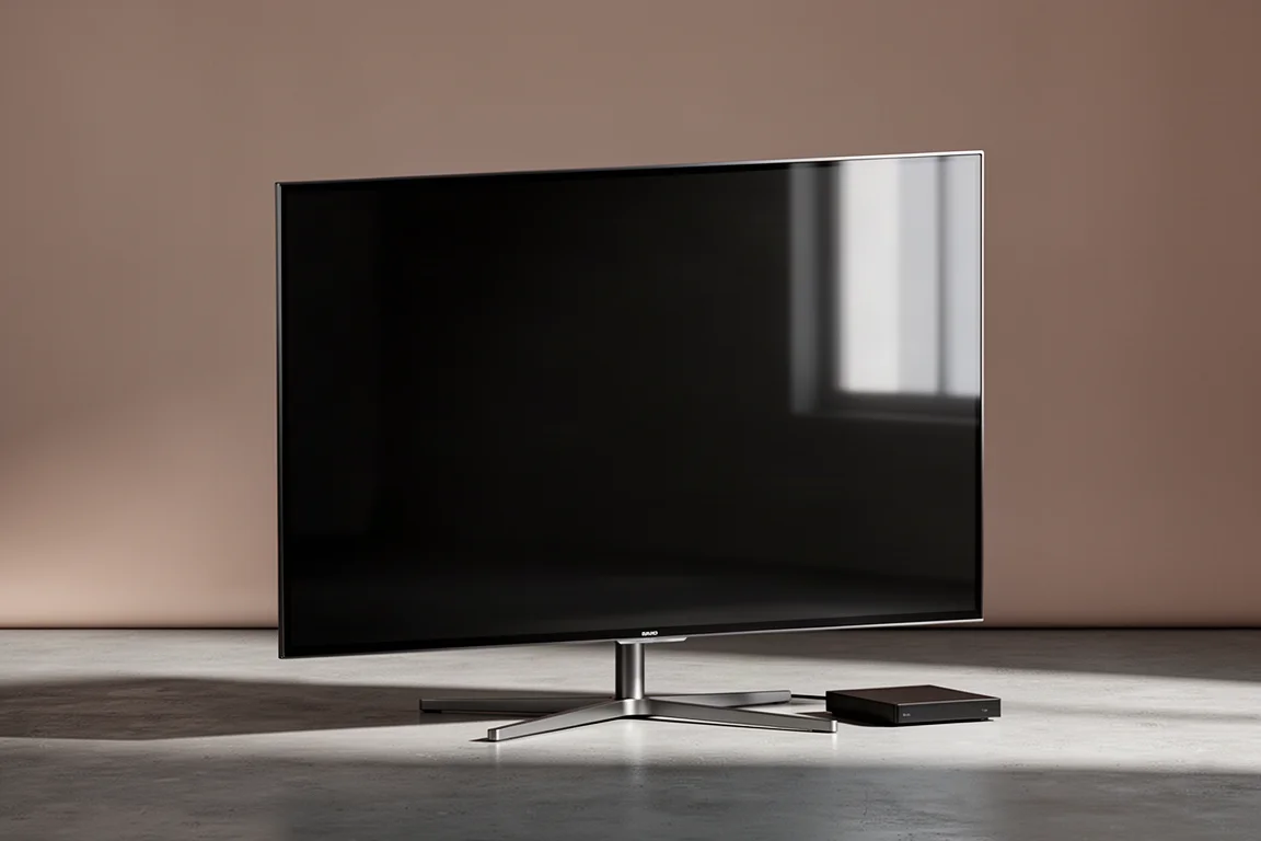 Slim large flat-panel television on a metal stand with an external connection box beside it