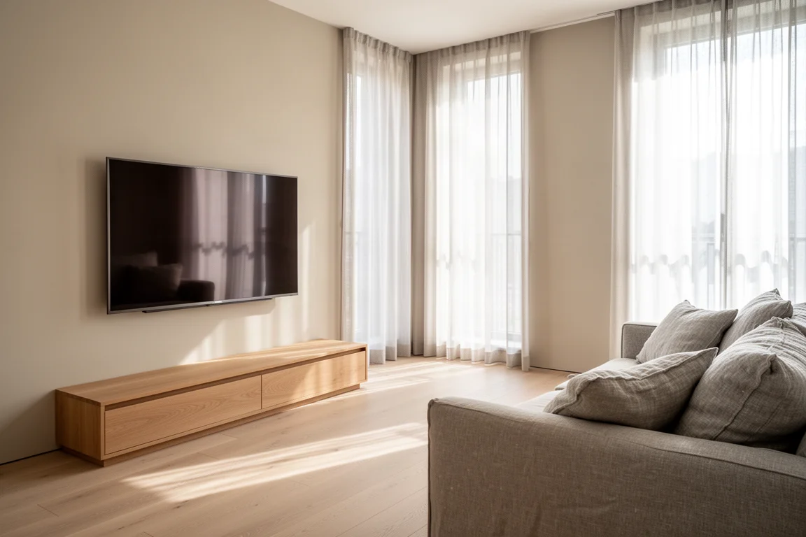 Sonnenbeschienenes Wohnzimmer mit einem schlanken, wandmontierten Fernseher über einer Holzkonsole