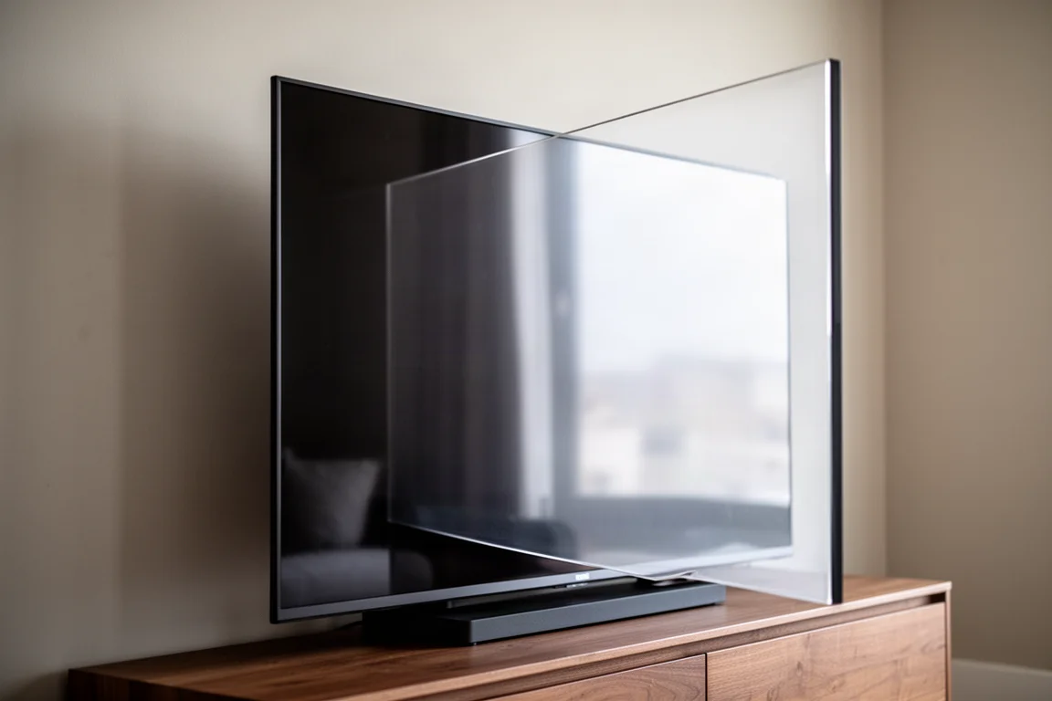 Fernseher aus steilem, außeraxialem Winkel betrachtet mit gleichmäßiger Helligkeit über den Bildschirm