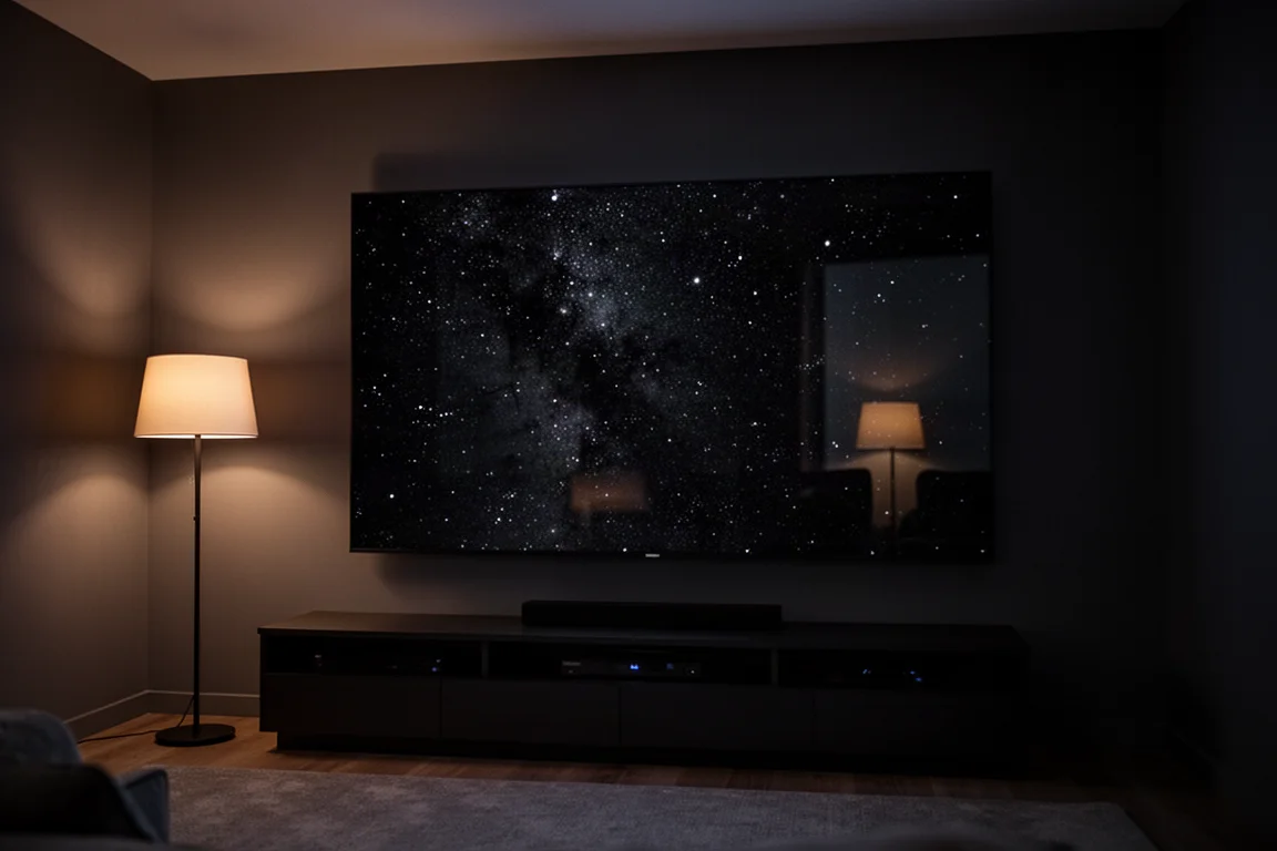 Dunkler Heimkinoraum mit einem großen Fernseher, der eine tiefschwarze Szene zeigt