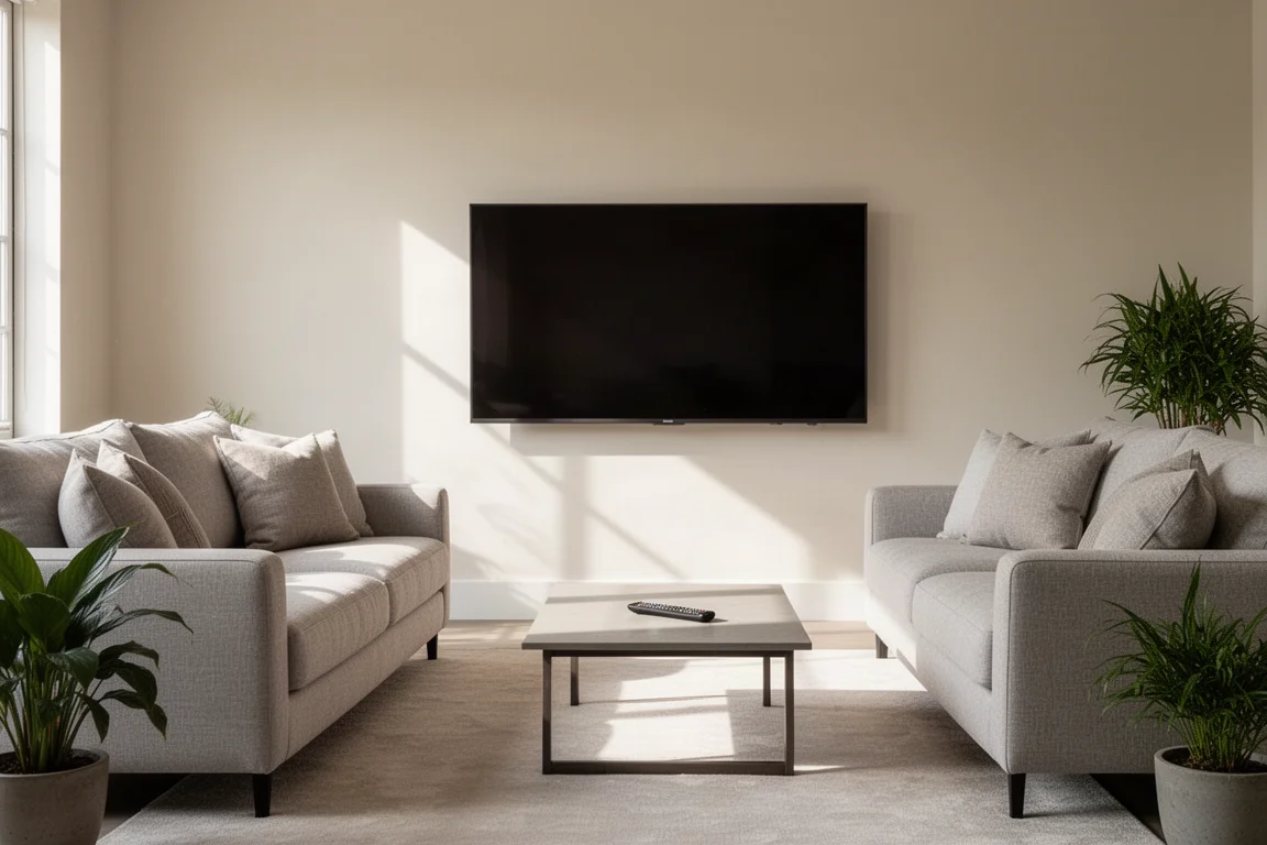 Helles Wohnzimmer mit zwei Sofas, die auf einen wandmontierten Fernseher ausgerichtet sind