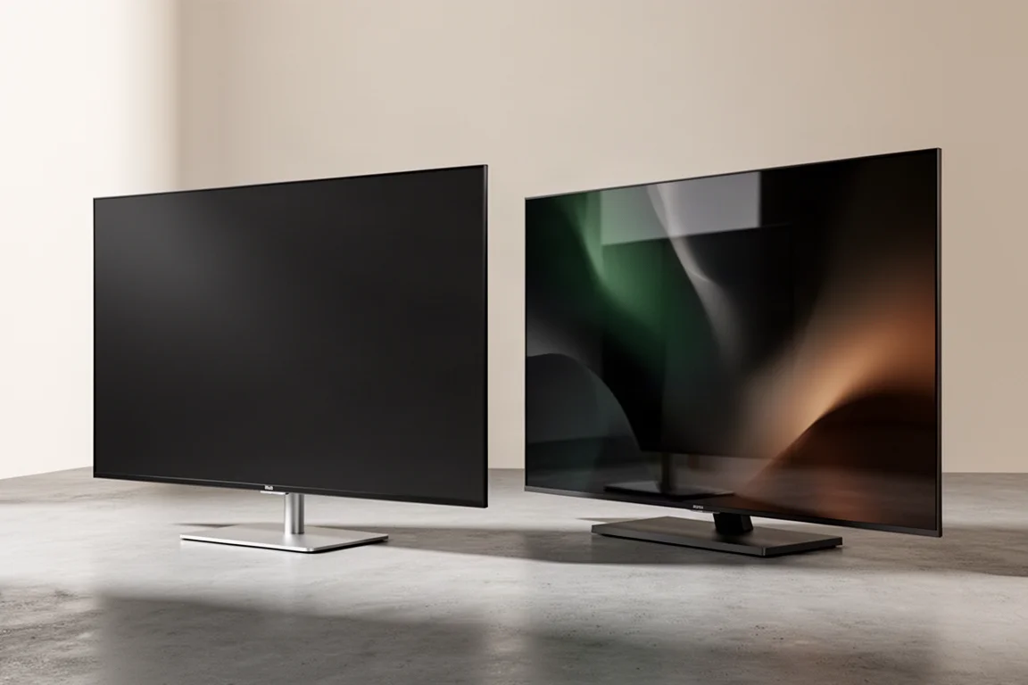 Two large flat-screen OLED televisions side by side on a concrete surface