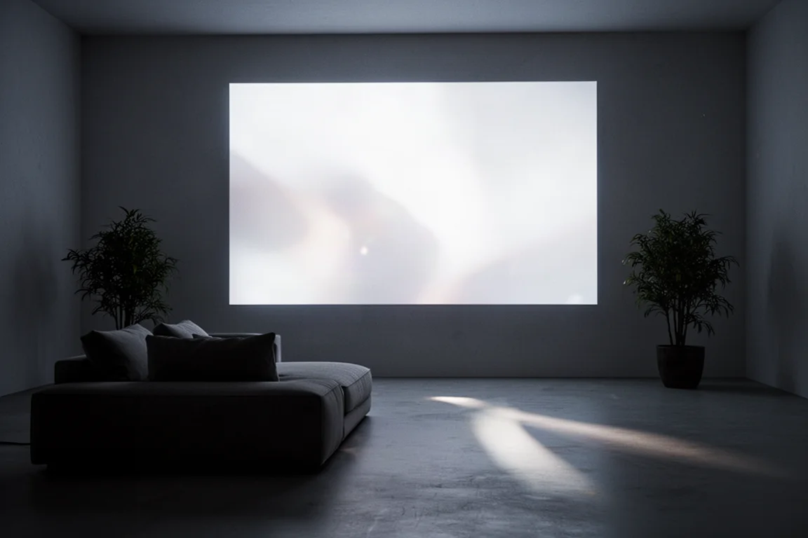 Salon sombre la nuit avec une très grande image lumineuse projetée sur un écran mural