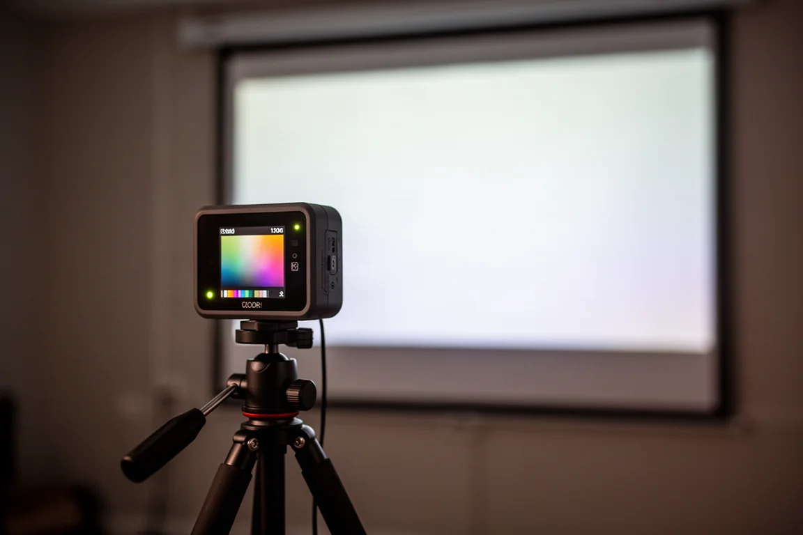 Capteur de calibration couleur sur un petit trépied pointé vers un écran de projection lumineux dans une pièce sombre