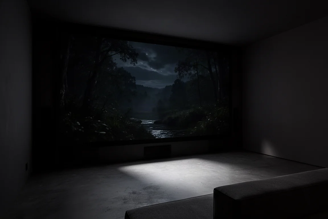 Salle de cinéma maison sombre avec un grand écran affichant une scène nocturne et des ombres profondes