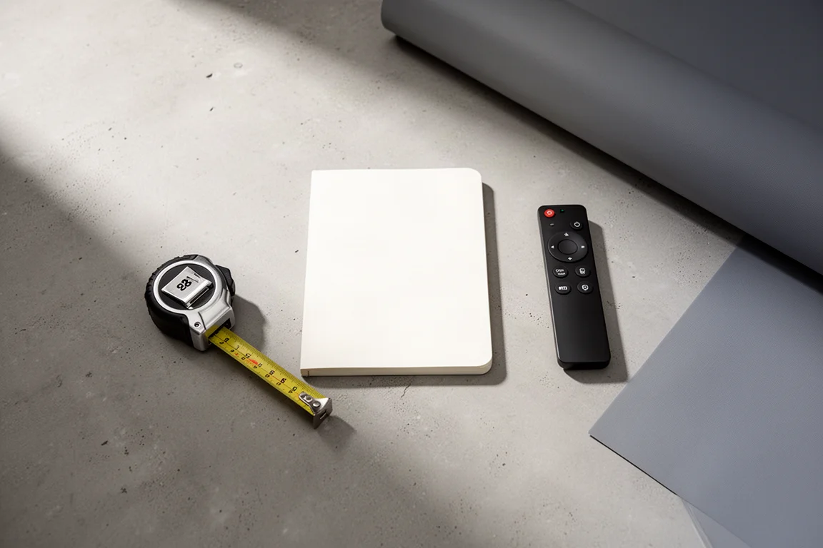 Vue à plat d'un mètre ruban, d'un carnet vierge, d'une télécommande et d'un échantillon d'écran sur du béton