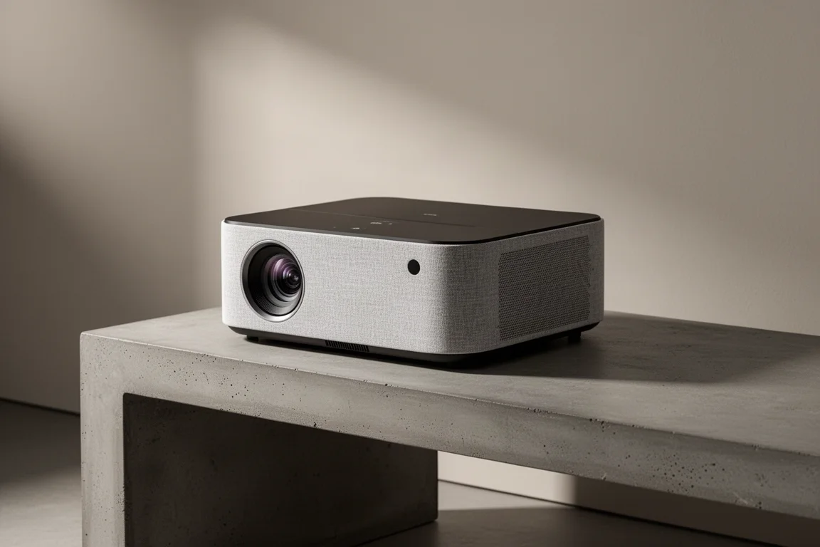 Ultra short throw projector with light fabric body on a low concrete bench in a minimal room