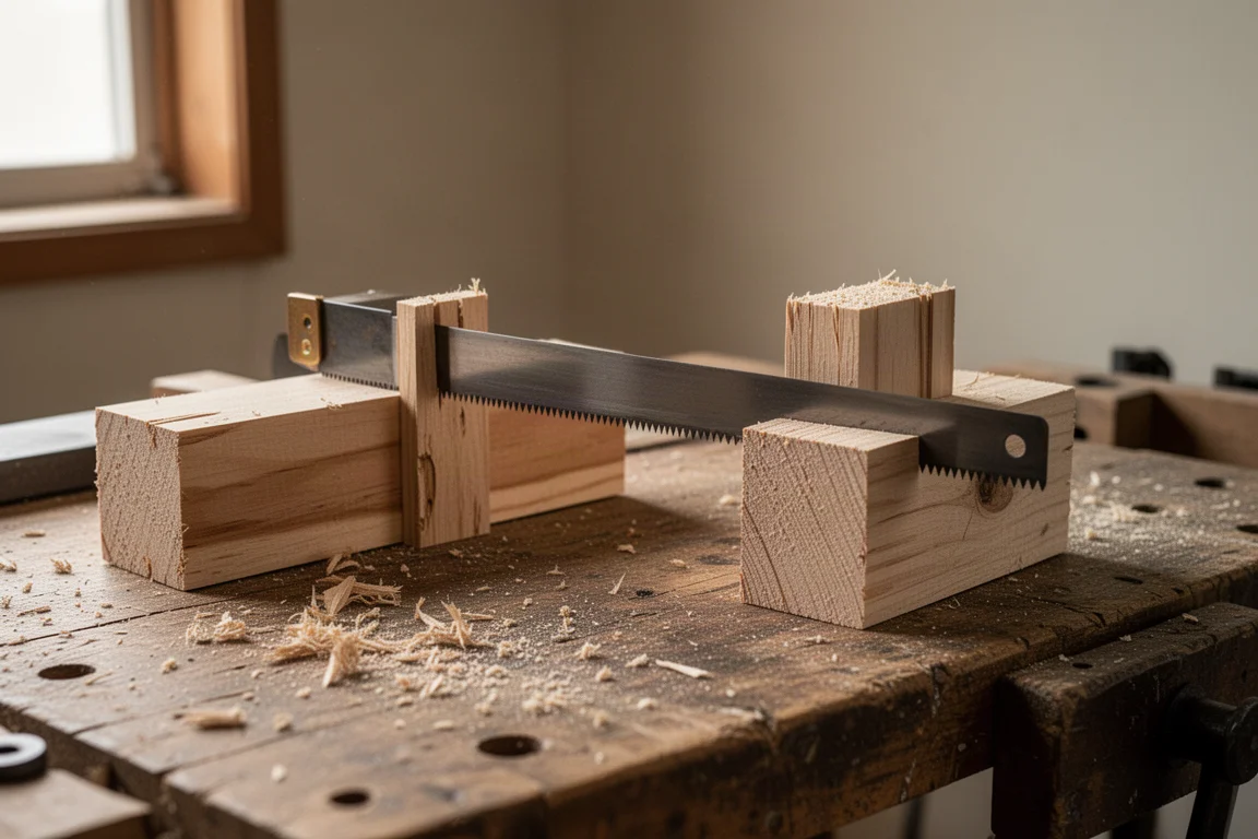 Japanese pull saw blade clamped steady between two pieces of wood on a workbench