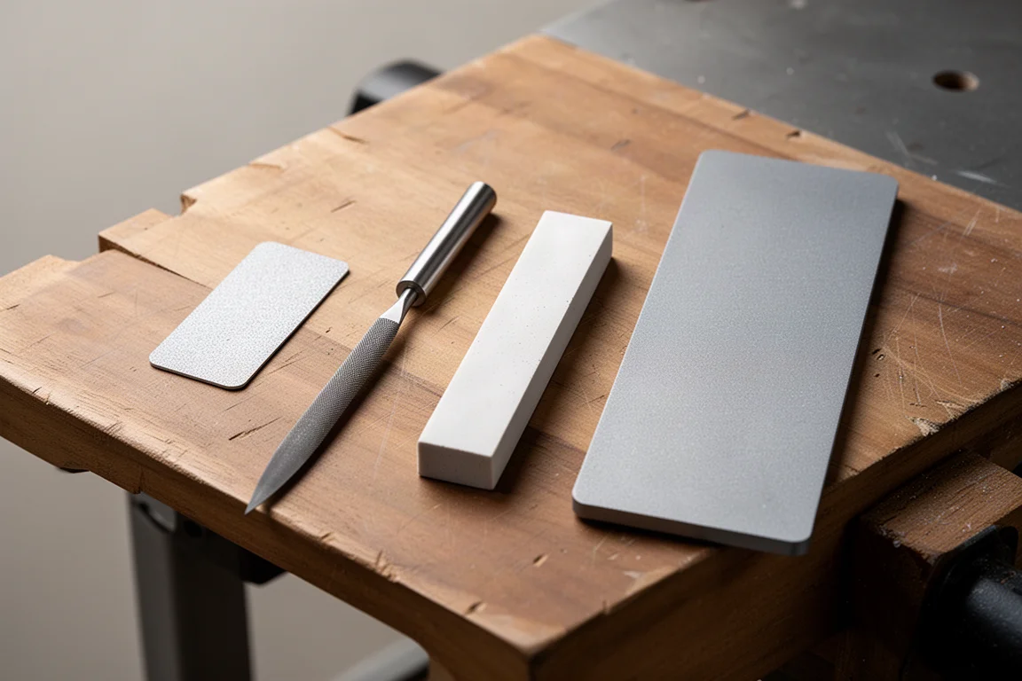 Flat diamond file and other sharpening tools laid out on a wooden bench