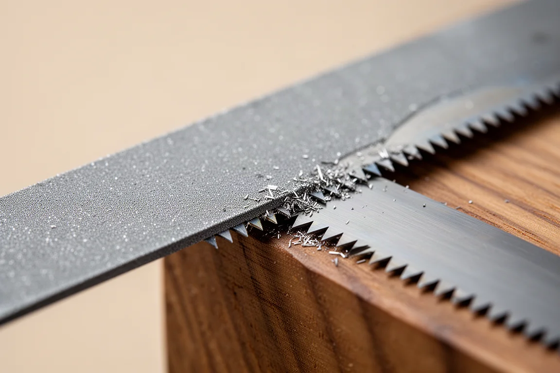 Close-up of diamond file surface abrading saw teeth with fine metal filings
